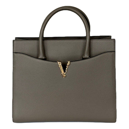 Versace Virtus Calfskin Leather Medium Top Handle Tote Taupe Grey available at Queen Bee of Beverly Hills
