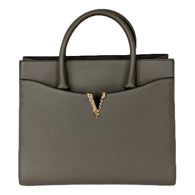 Versace Virtus Calfskin Leather Medium Top Handle Tote Taupe Grey available at Queen Bee of Beverly Hills
