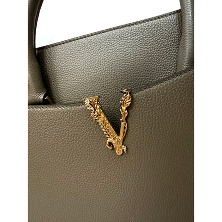 Versace Virtus Calfskin Leather Medium Top Handle Tote Taupe Grey available at Queen Bee of Beverly Hills