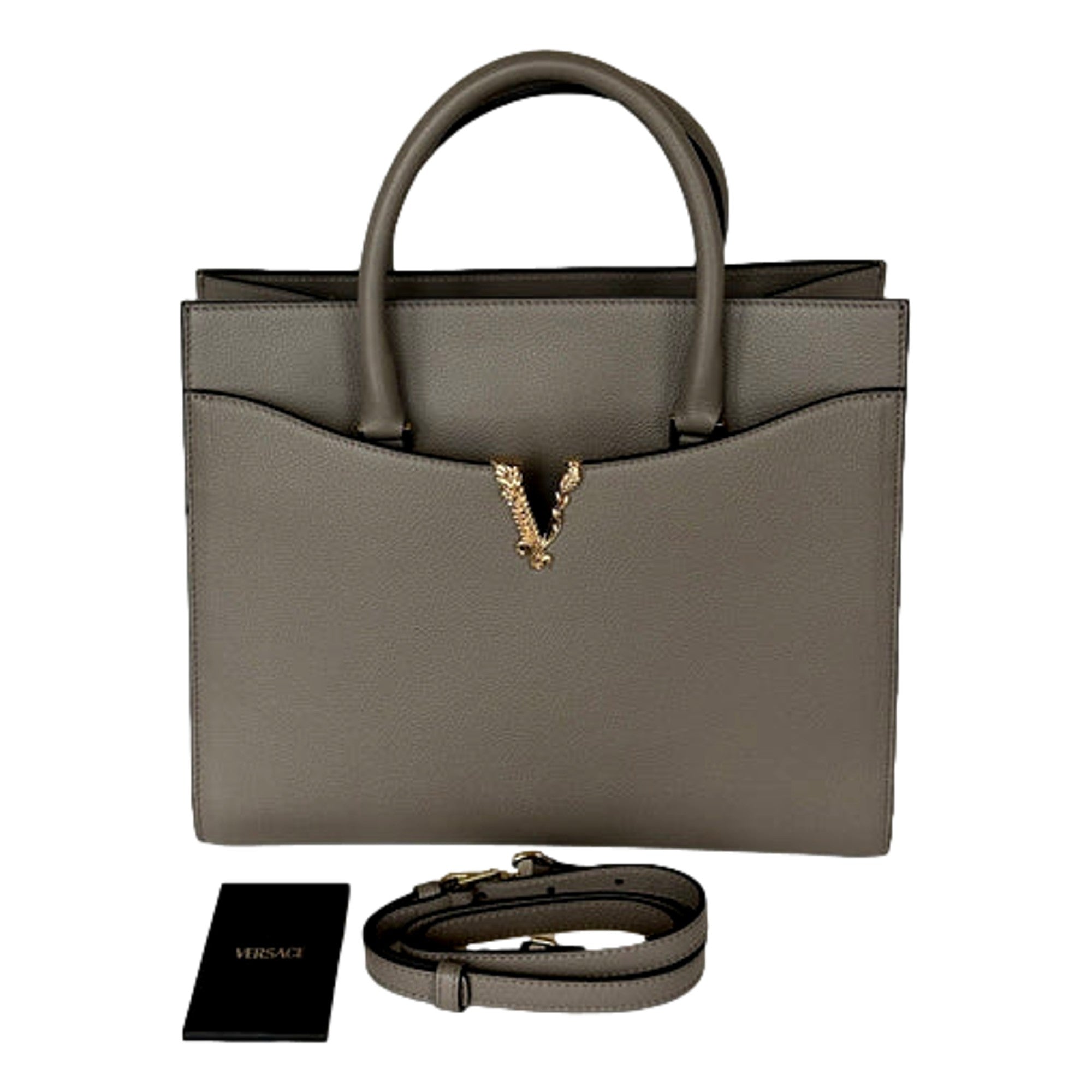 Versace Virtus Calfskin Leather Medium Top Handle Tote Taupe Grey available at Queen Bee of Beverly Hills