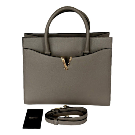 Versace Virtus Calfskin Leather Medium Top Handle Tote Taupe Grey available at Queen Bee of Beverly Hills