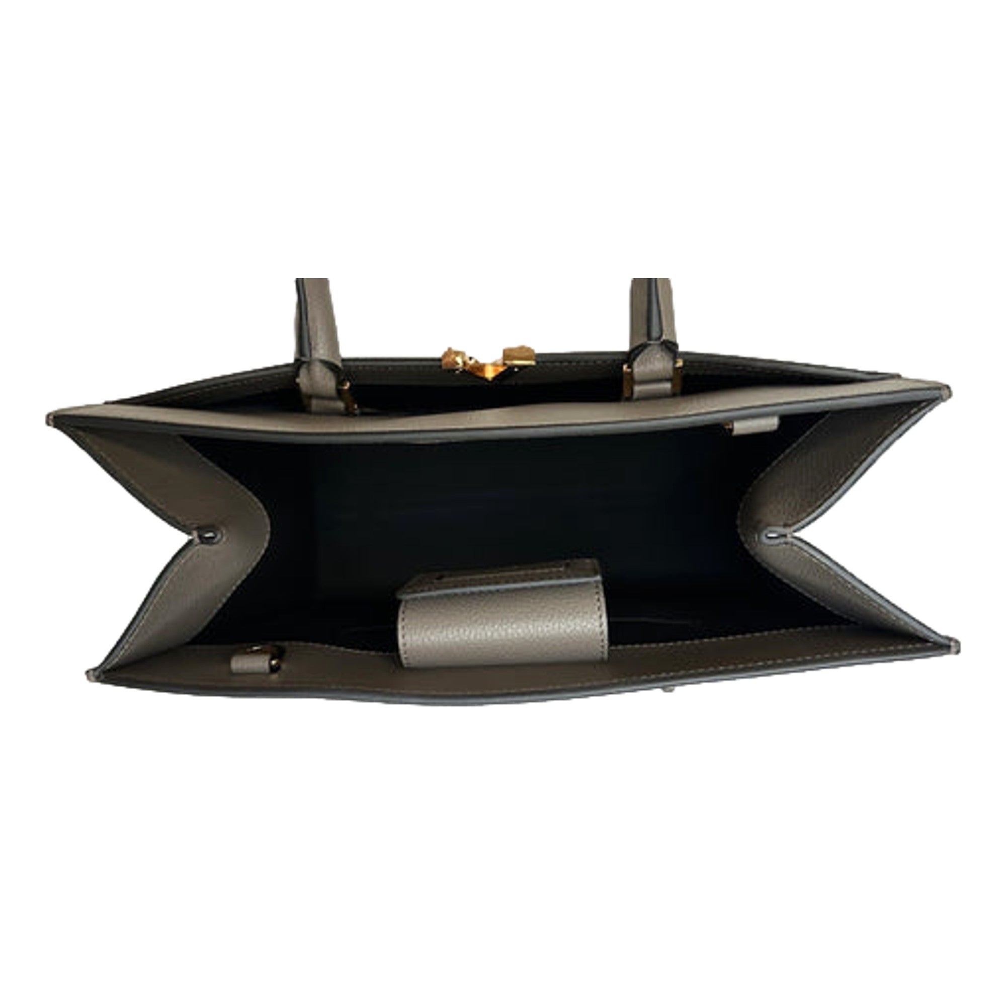 Versace Virtus Calfskin Leather Medium Top Handle Tote Taupe Grey available at Queen Bee of Beverly Hills