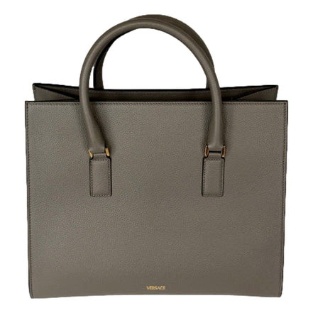 Versace Virtus Calfskin Leather Medium Top Handle Tote Taupe Grey available at Queen Bee of Beverly Hills