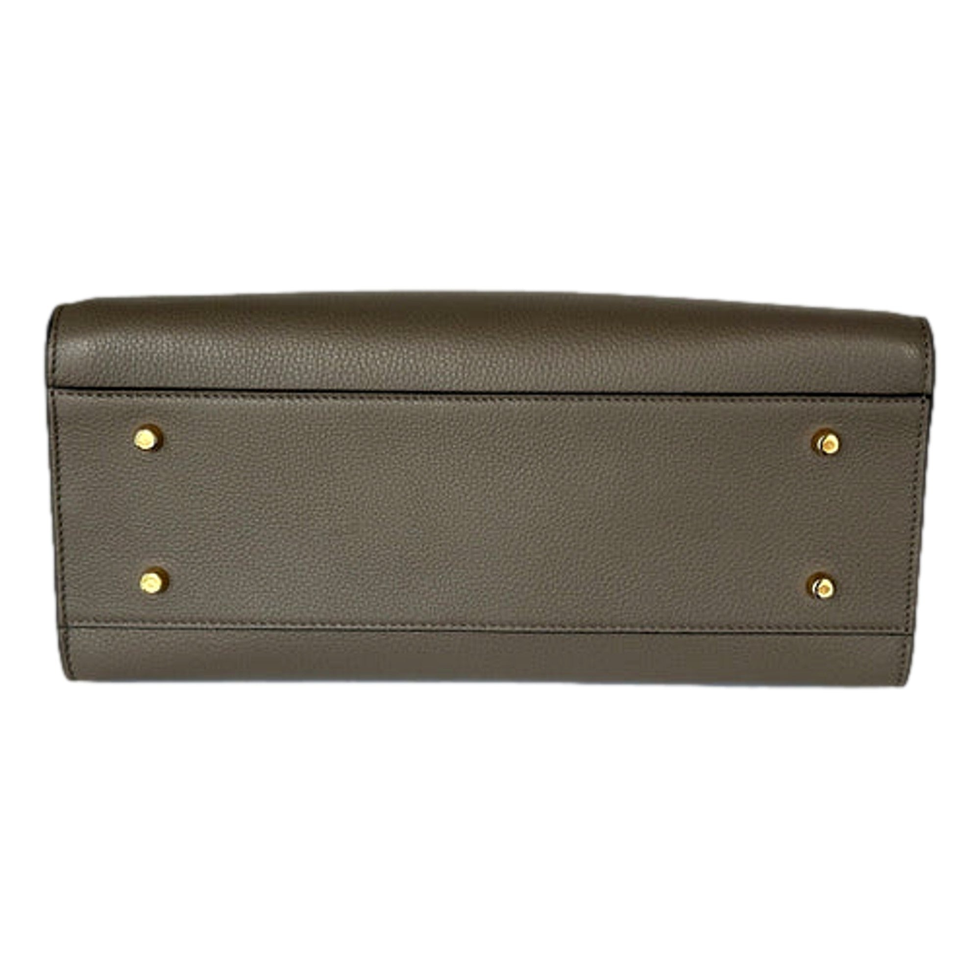 Versace Virtus Calfskin Leather Medium Top Handle Tote Taupe Grey available at Queen Bee of Beverly Hills