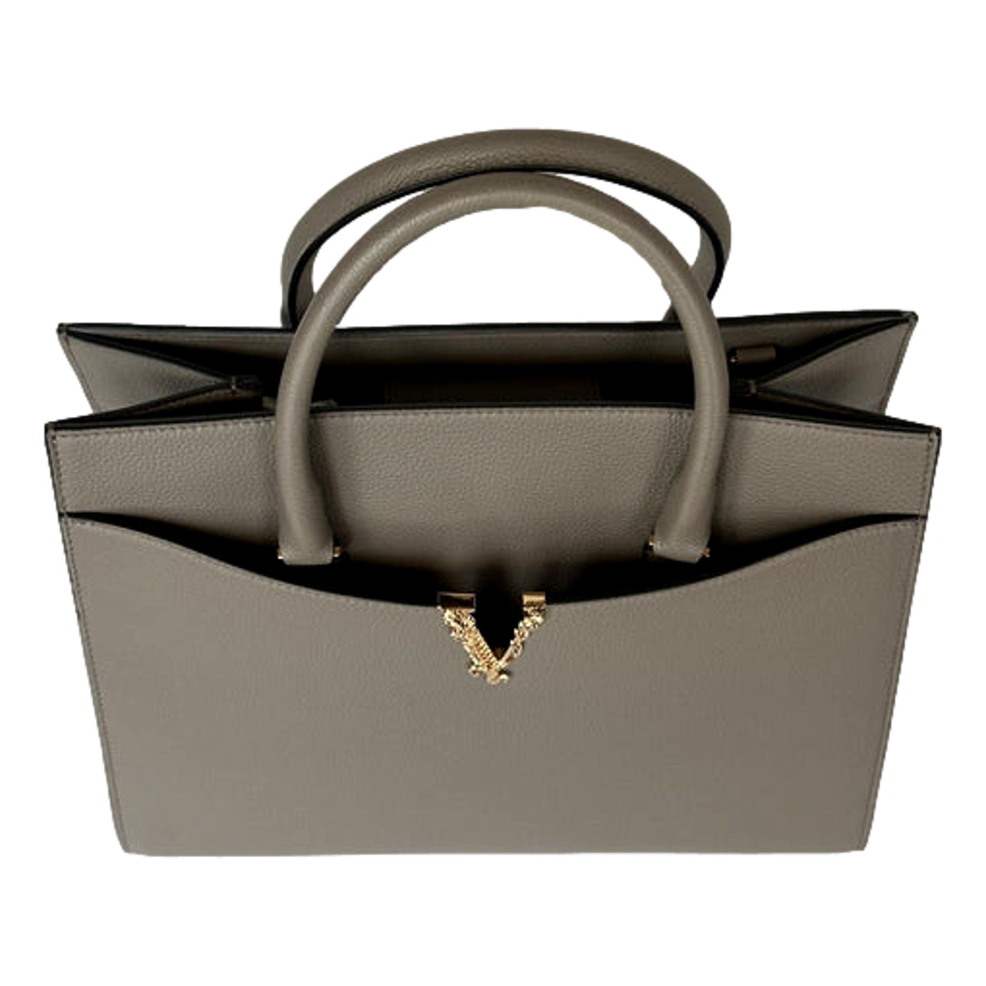 Versace Virtus Calfskin Leather Medium Top Handle Tote Taupe Grey available at Queen Bee of Beverly Hills