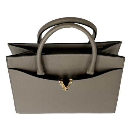 Versace Virtus Calfskin Leather Medium Top Handle Tote Taupe Grey available at Queen Bee of Beverly Hills