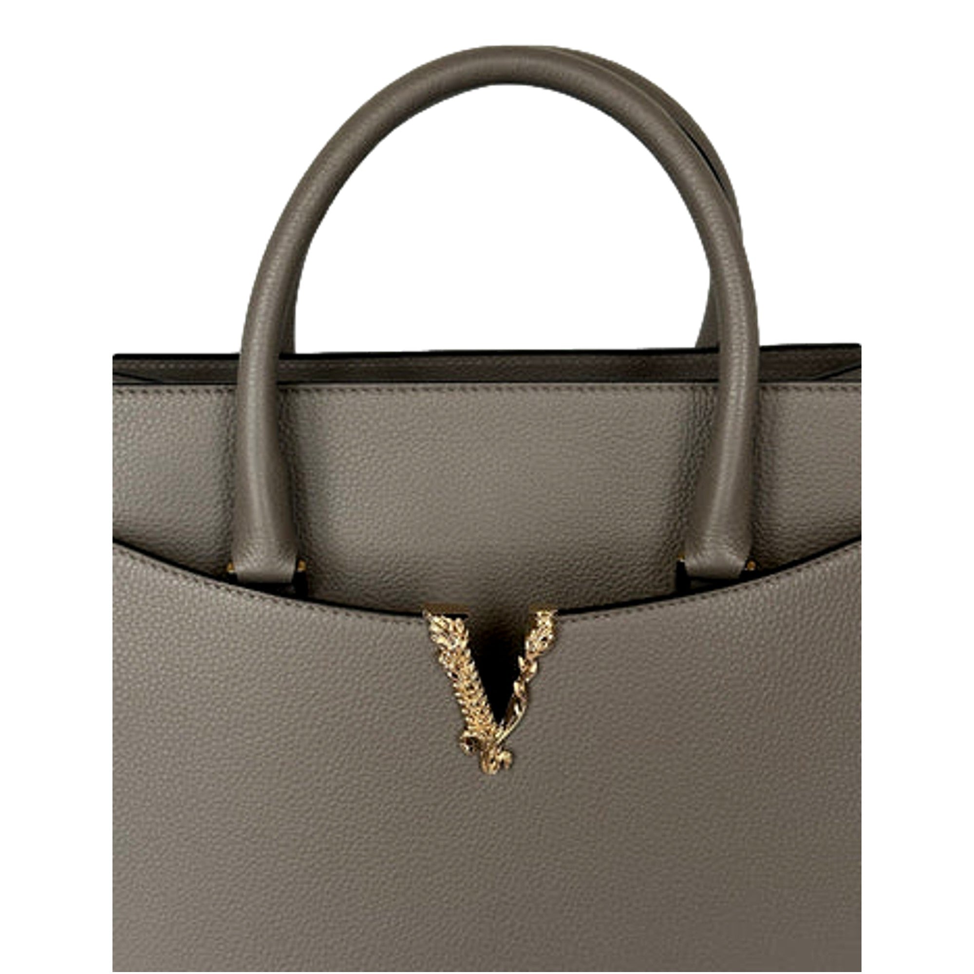 Versace Virtus Calfskin Leather Medium Top Handle Tote Taupe Grey available at Queen Bee of Beverly Hills