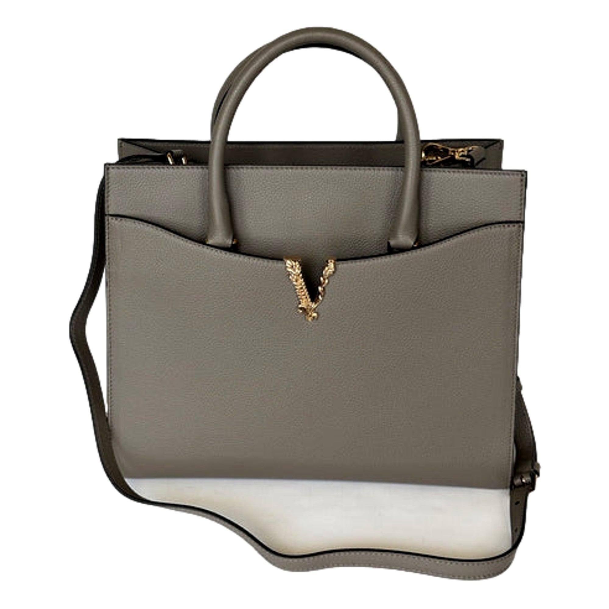Versace Virtus Calfskin Leather Medium Top Handle Tote Taupe Grey available at Queen Bee of Beverly Hills