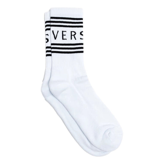 Versace White Black 90s Style Vintage Logo Tube Socks Medium available at Queen Bee of Beverly Hills