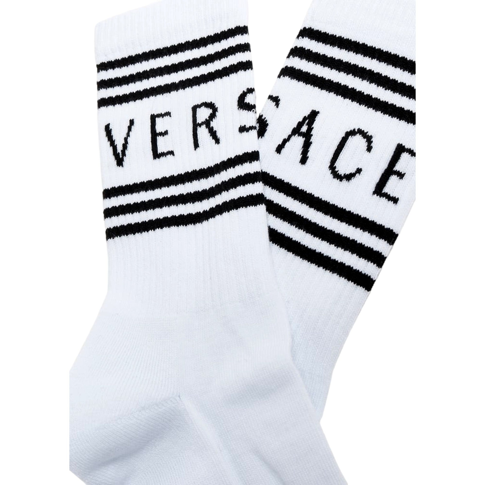 Versace White Black 90s Style Vintage Logo Tube Socks Medium available at Queen Bee of Beverly Hills