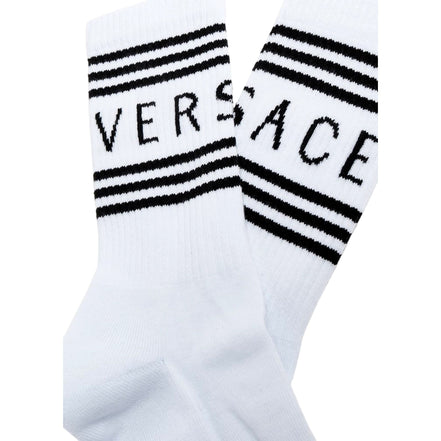 Versace White Black 90s Style Vintage Logo Tube Socks Medium available at Queen Bee of Beverly Hills
