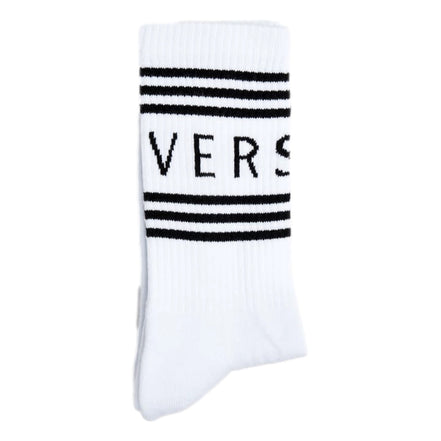 Versace White Black 90s Style Vintage Logo Tube Socks Medium available at Queen Bee of Beverly Hills