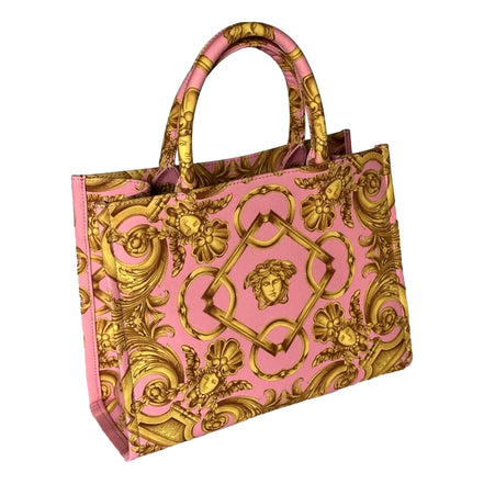 Versace Pastel Pink Signature Print Small Canvas Tote available at Queen Bee of Beverly Hills