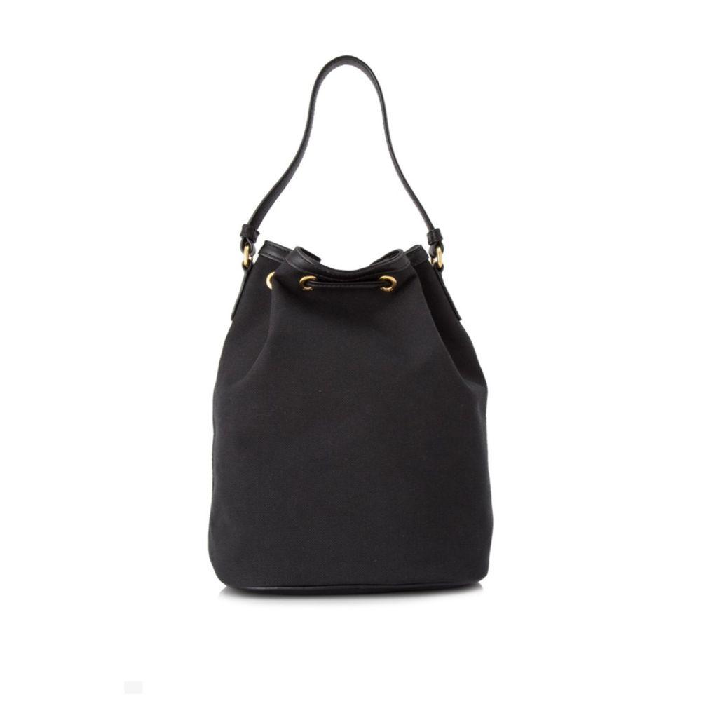 Prada Black Canvas Jacquard Logo Convertible Medium Bucket Bag 1BH097 at_Queen_Bee_of_Beverly_Hills