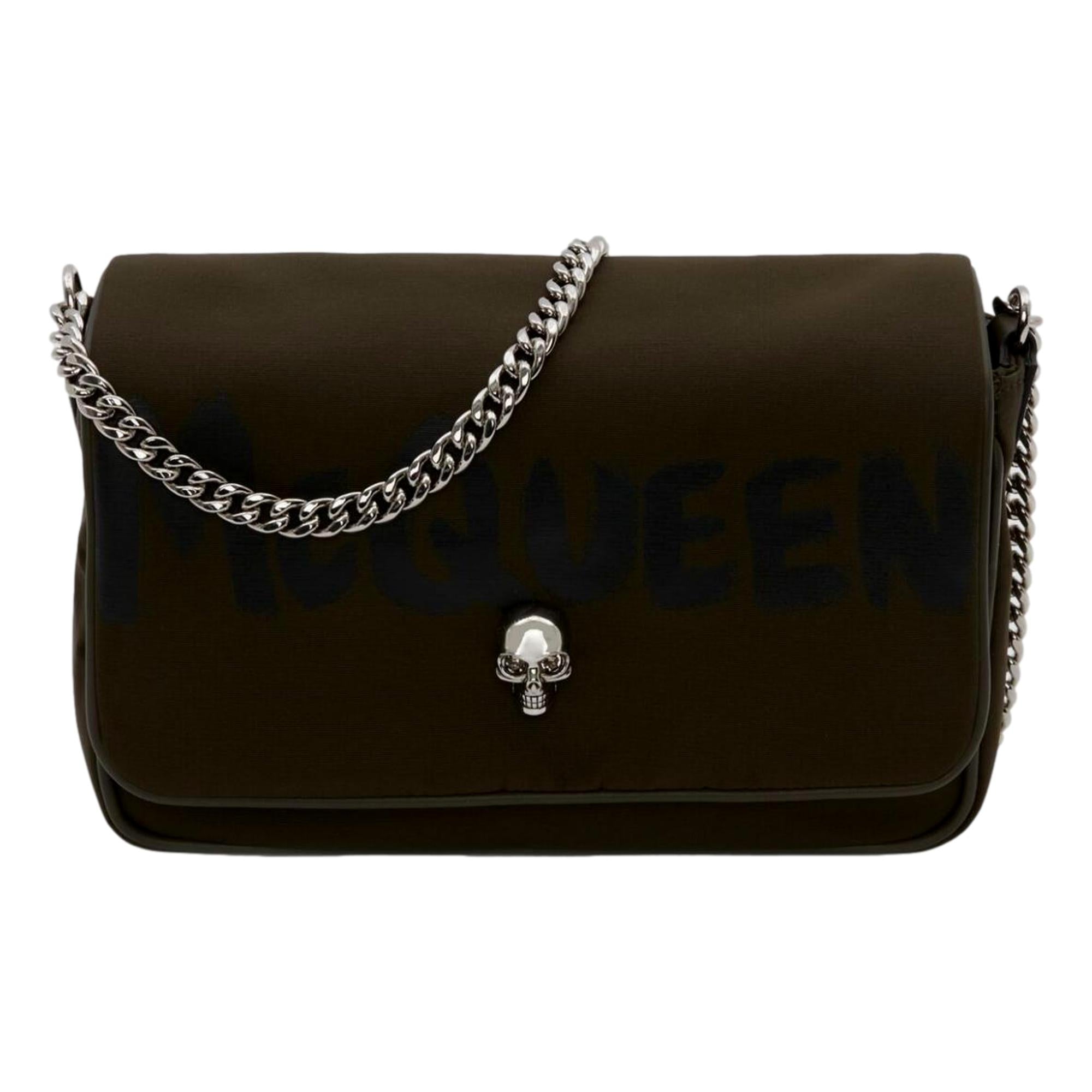Alexander McQueen Army Green Nylon Graffiti Skull Shoulder Bag available at Queen Bee of Beverly Hills