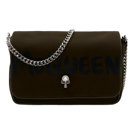 Alexander McQueen Army Green Nylon Graffiti Skull Shoulder Bag available at Queen Bee of Beverly Hills