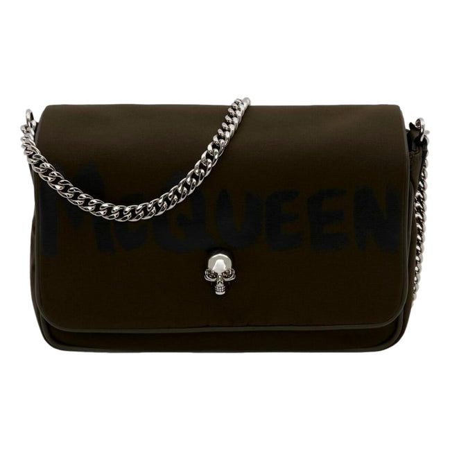 Alexander McQueen Army Green Nylon Graffiti Skull Shoulder Bag available at Queen Bee of Beverly Hills