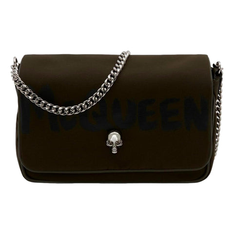 Alexander McQueen Army Green Nylon Graffiti Skull Shoulder Bag available at Queen Bee of Beverly Hills