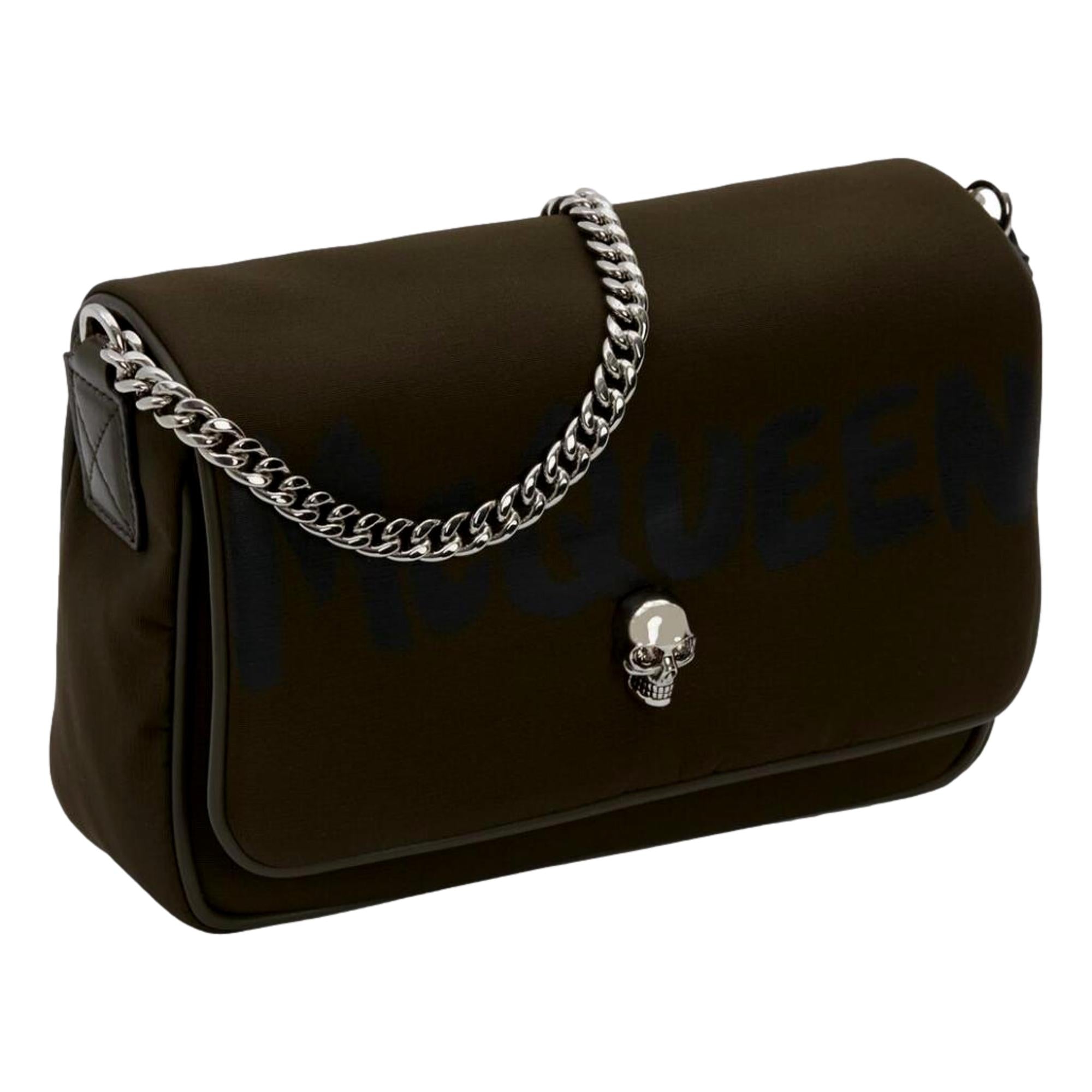 Alexander McQueen Army Green Nylon Graffiti Skull Shoulder Bag available at Queen Bee of Beverly Hills