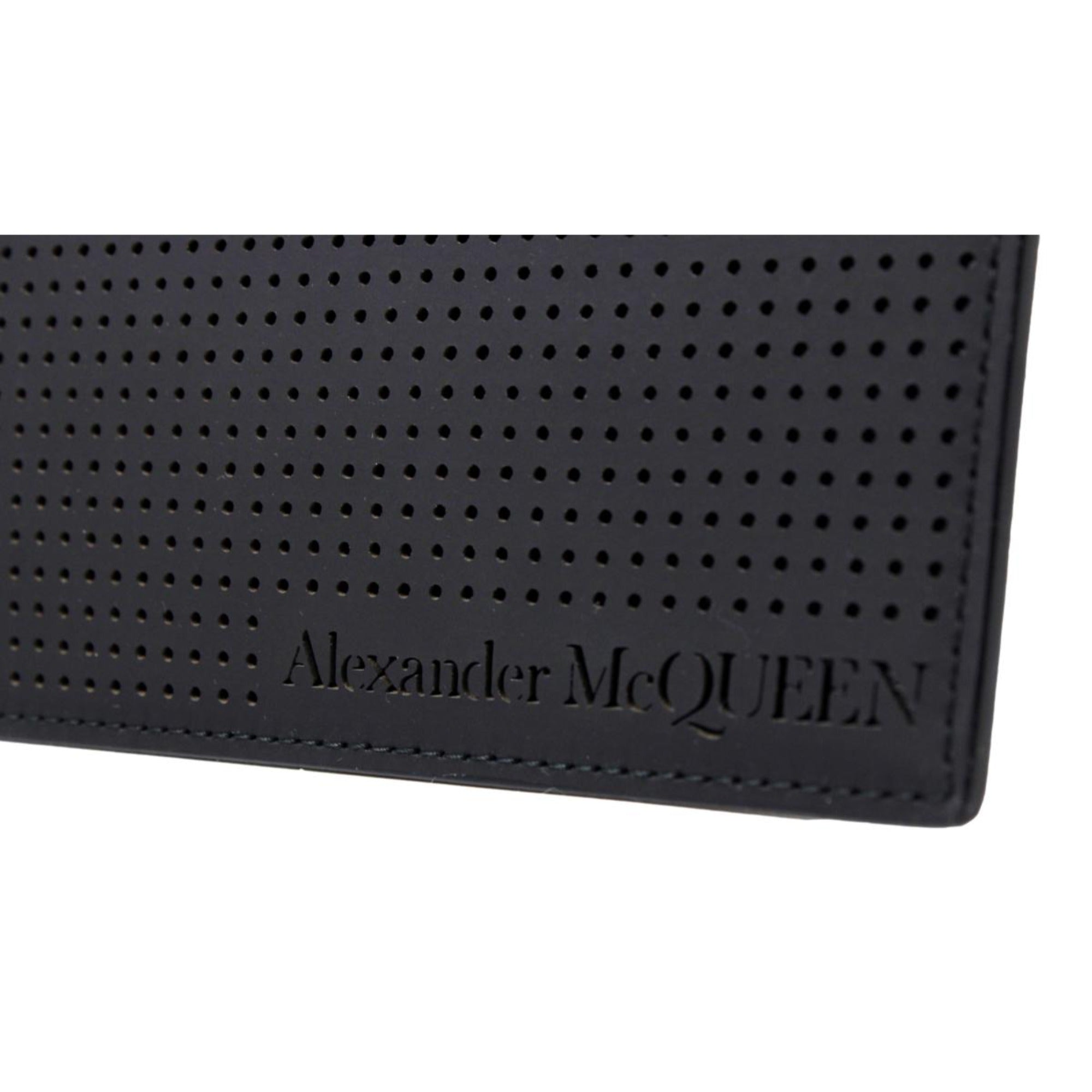 Alexander McQueen Black Leather Perforated Flat Pouch available at Queen Bee of Beverly Hills