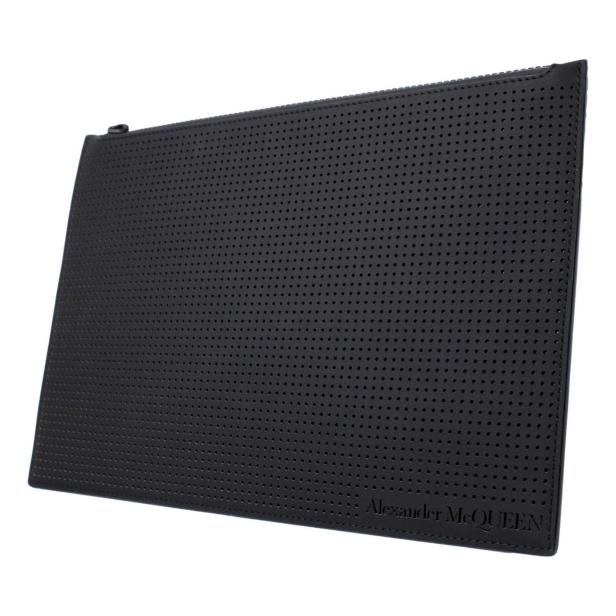 Alexander McQueen Black Leather Perforated Flat Pouch available at Queen Bee of Beverly Hills