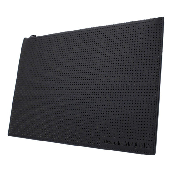 Alexander McQueen Black Leather Perforated Flat Pouch available at Queen Bee of Beverly Hills