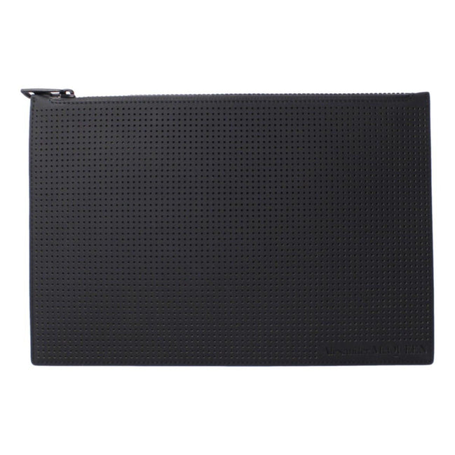 Alexander McQueen Black Leather Perforated Flat Pouch available at Queen Bee of Beverly Hills