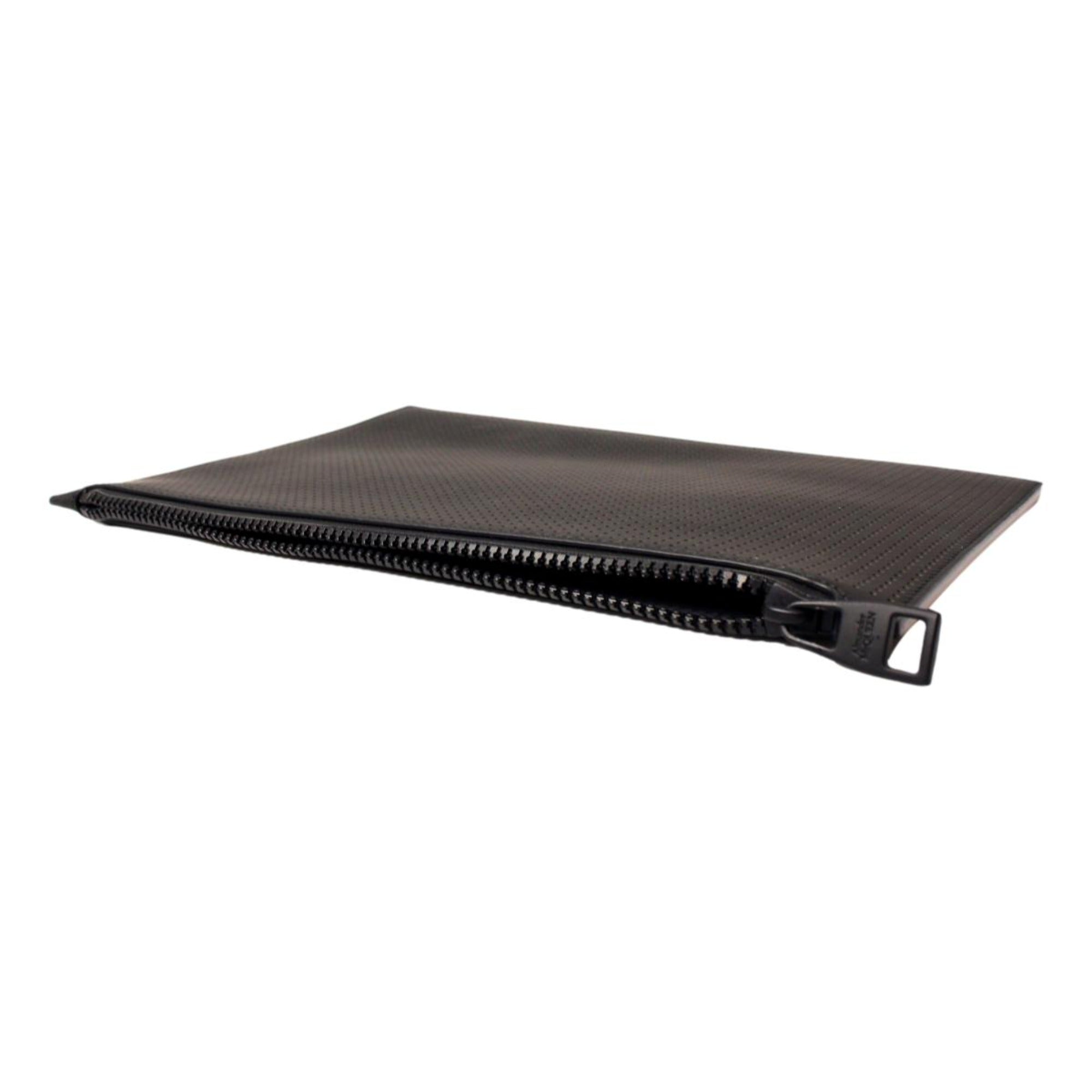 Alexander McQueen Black Leather Perforated Flat Pouch available at Queen Bee of Beverly Hills