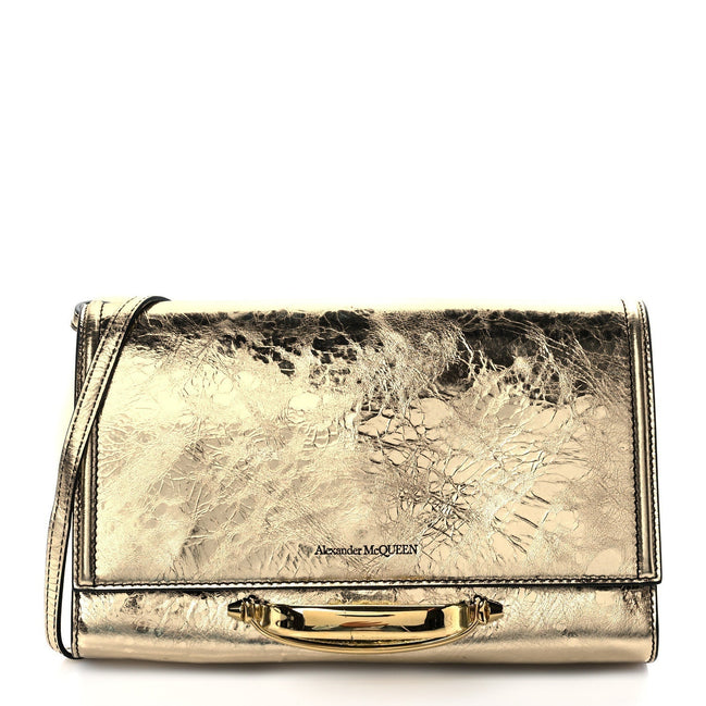 Alexander McQueen Small Story Gold Crash Calf Leather Shoulder Bag available at Queen Bee of Beverly Hills