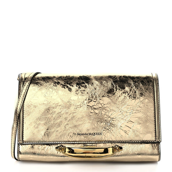Alexander McQueen Small Story Gold Crash Calf Leather Shoulder Bag available at Queen Bee of Beverly Hills