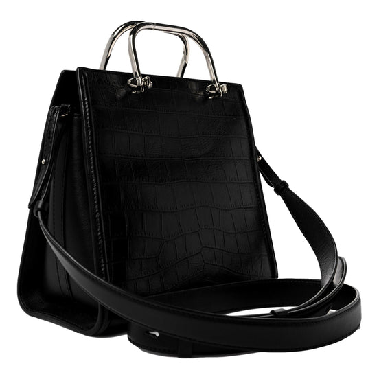 Alexander McQueen The Short Story Black Croc Print Leather Satchel available at Queen Bee of Beverly Hills