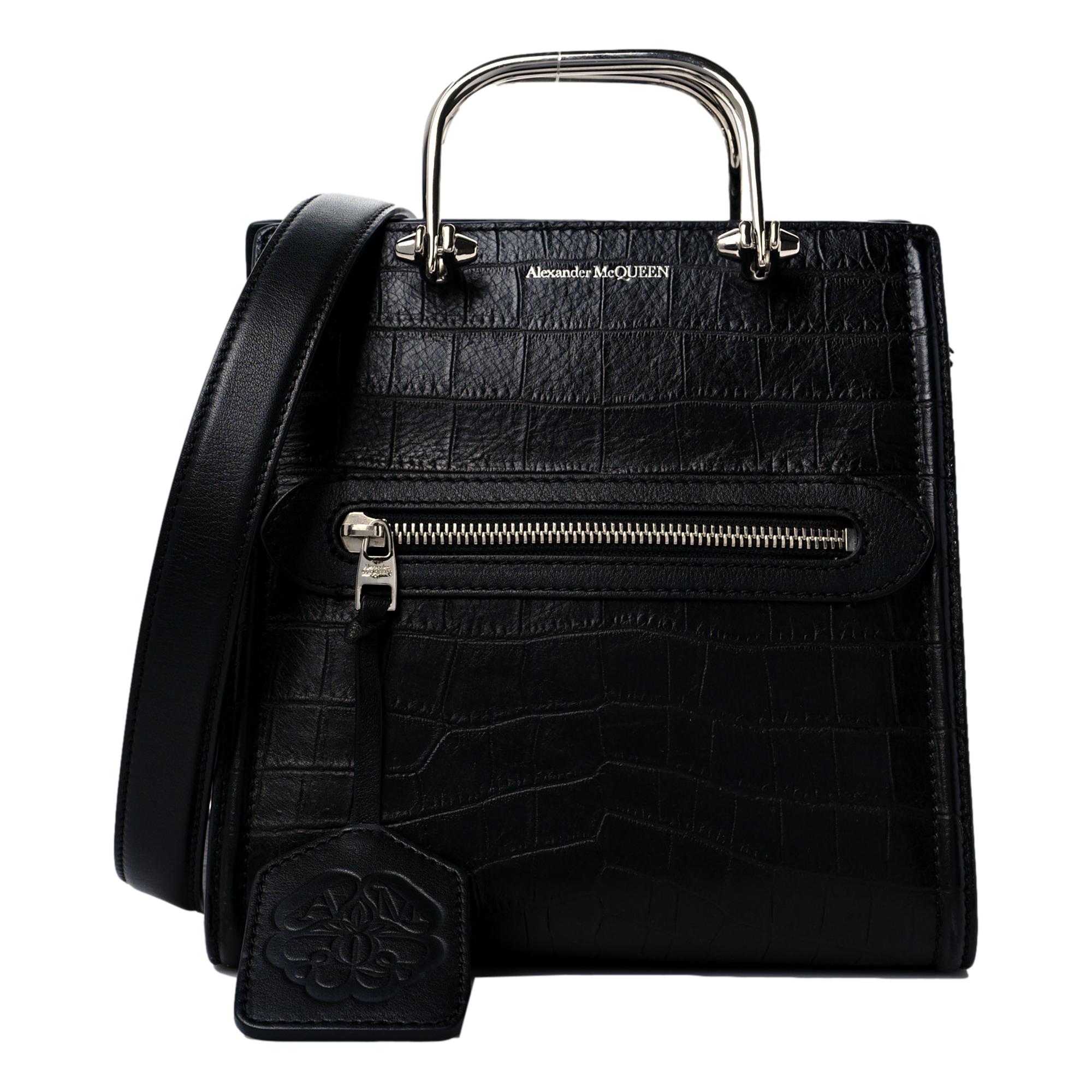 Alexander McQueen The Short Story Black Croc Print Leather Satchel available at Queen Bee of Beverly Hills