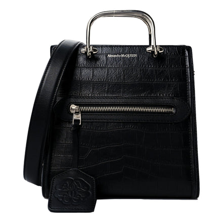Alexander McQueen The Short Story Black Croc Print Leather Satchel available at Queen Bee of Beverly Hills