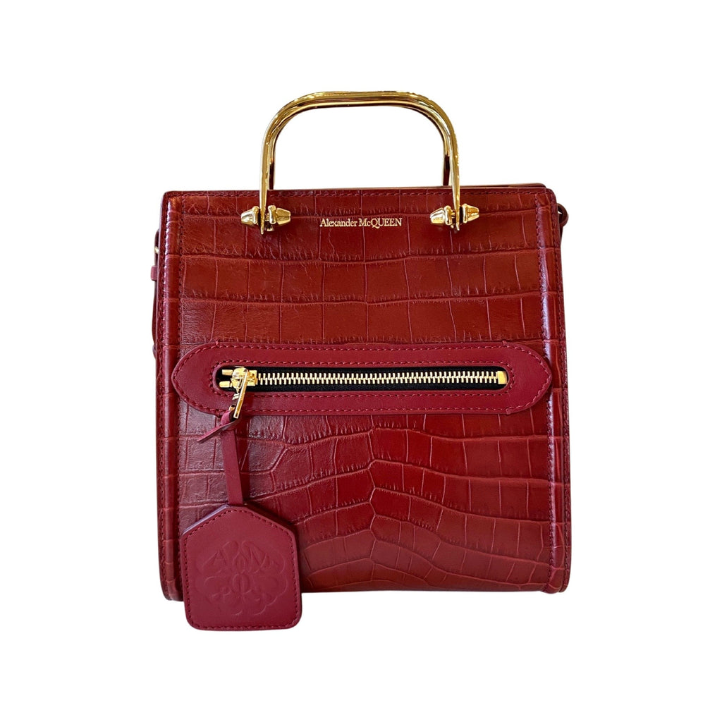 Alexander McQueen The Short Story Burgundy Crocodile Print Leather Satchel 656471 at_Queen_Bee_of_Beverly_Hills