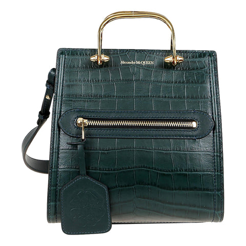 Alexander McQueen The Short Story Forest Green Crocodile Print Leather Satchel 656471 at_Queen_Bee_of_Beverly_Hills