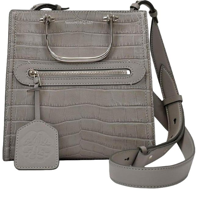 Alexander McQueen The Short Story Grey Croc Print Leather Satchel available at Queen Bee of Beverly Hills