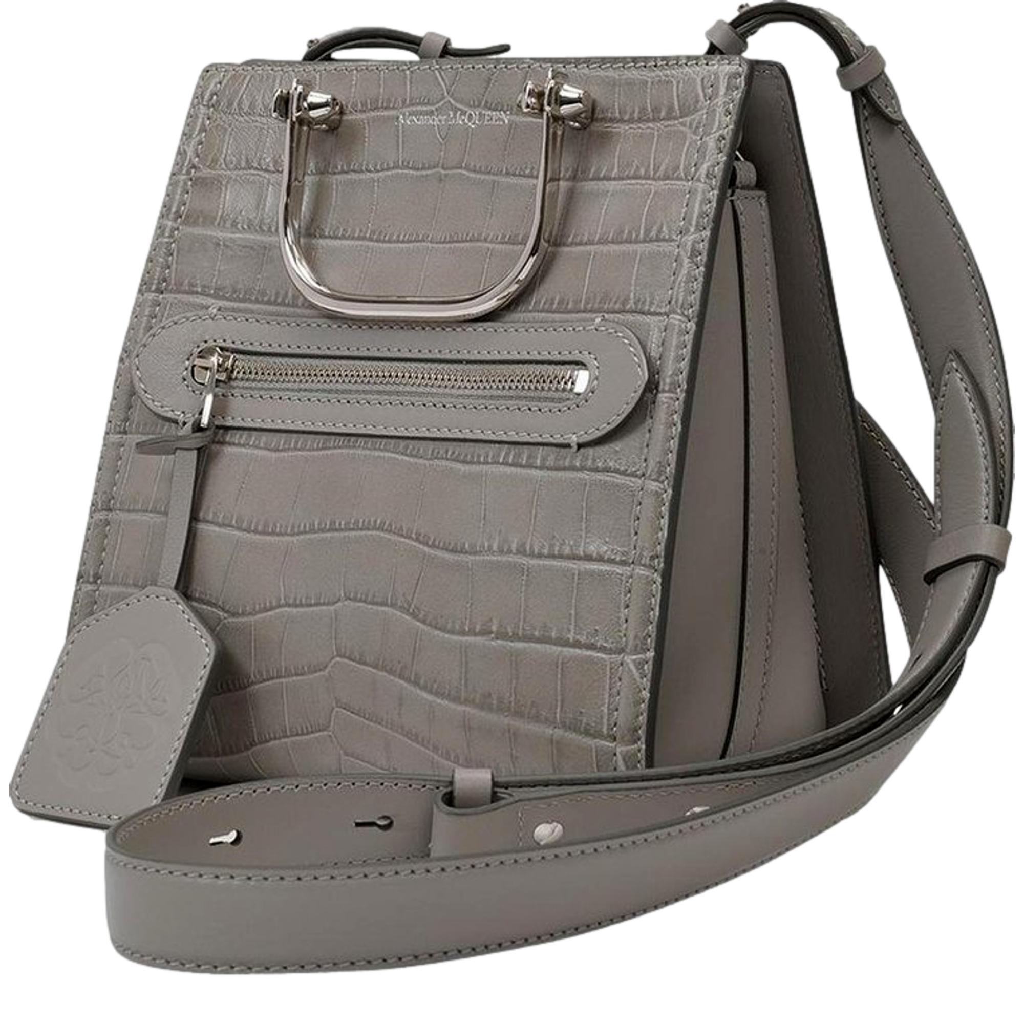 Alexander McQueen The Short Story Grey Croc Print Leather Satchel available at Queen Bee of Beverly Hills
