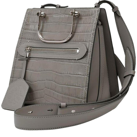 Alexander McQueen The Short Story Grey Croc Print Leather Satchel available at Queen Bee of Beverly Hills