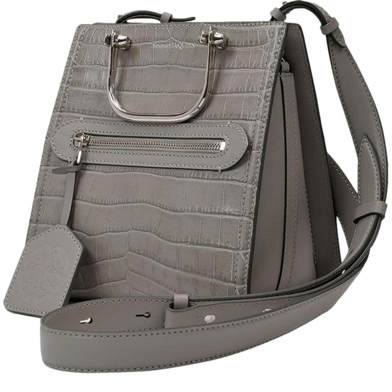 Alexander McQueen The Short Story Grey Croc Print Leather Satchel available at Queen Bee of Beverly Hills