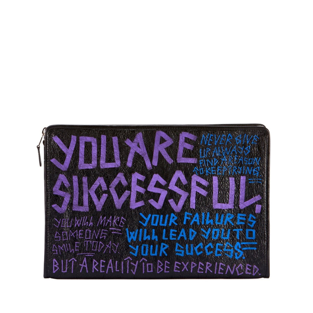 Balenciaga Bazar Graffiti Purple Blue Black Arena Leather Pouch 443658 at_Queen_Bee_of_Beverly_Hills