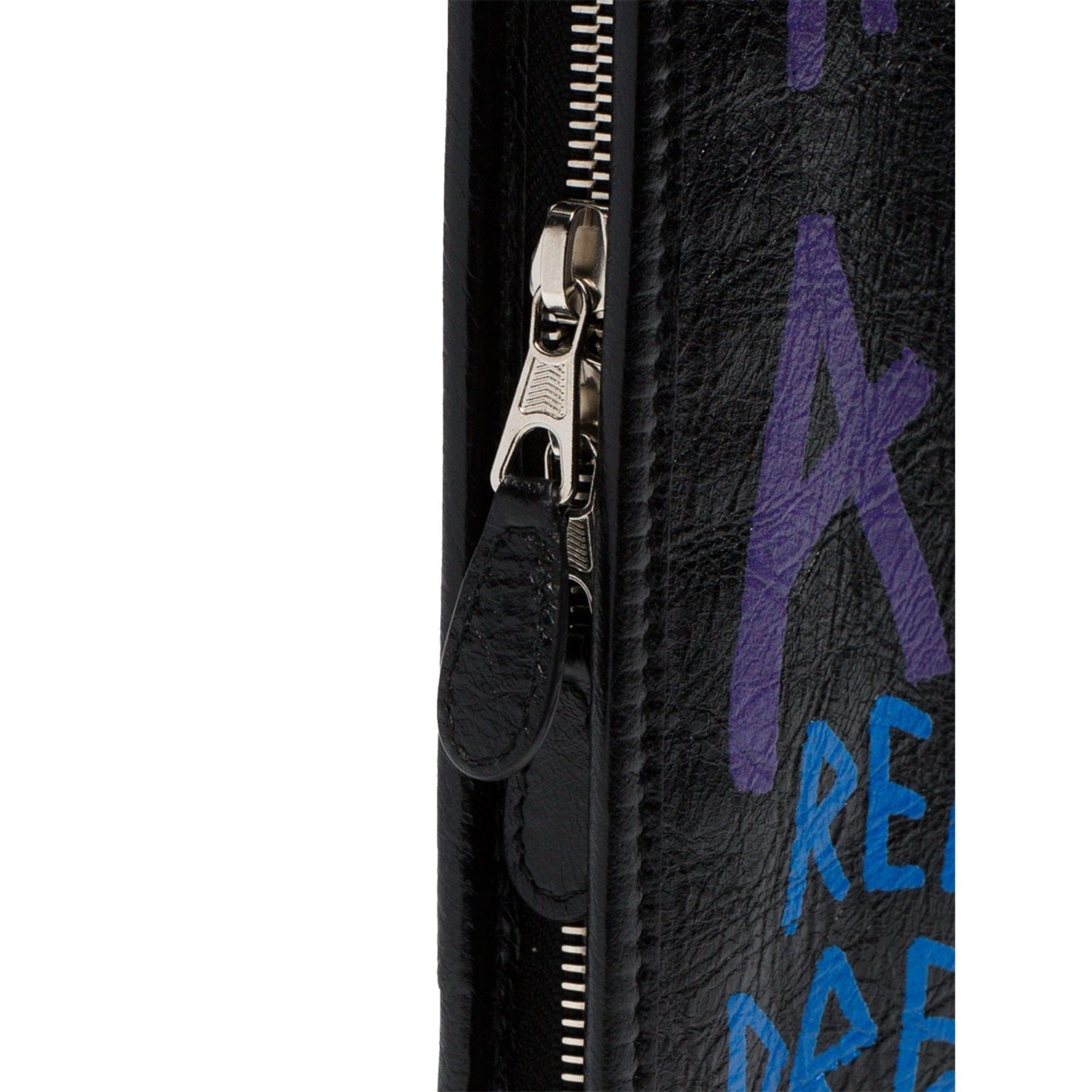 Balenciaga Bazar Graffiti Purple Blue Black Arena Leather Pouch available at Queen Bee of Beverly Hills