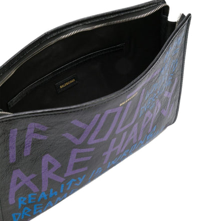 Balenciaga Bazar Graffiti Purple Blue Black Arena Leather Pouch available at Queen Bee of Beverly Hills