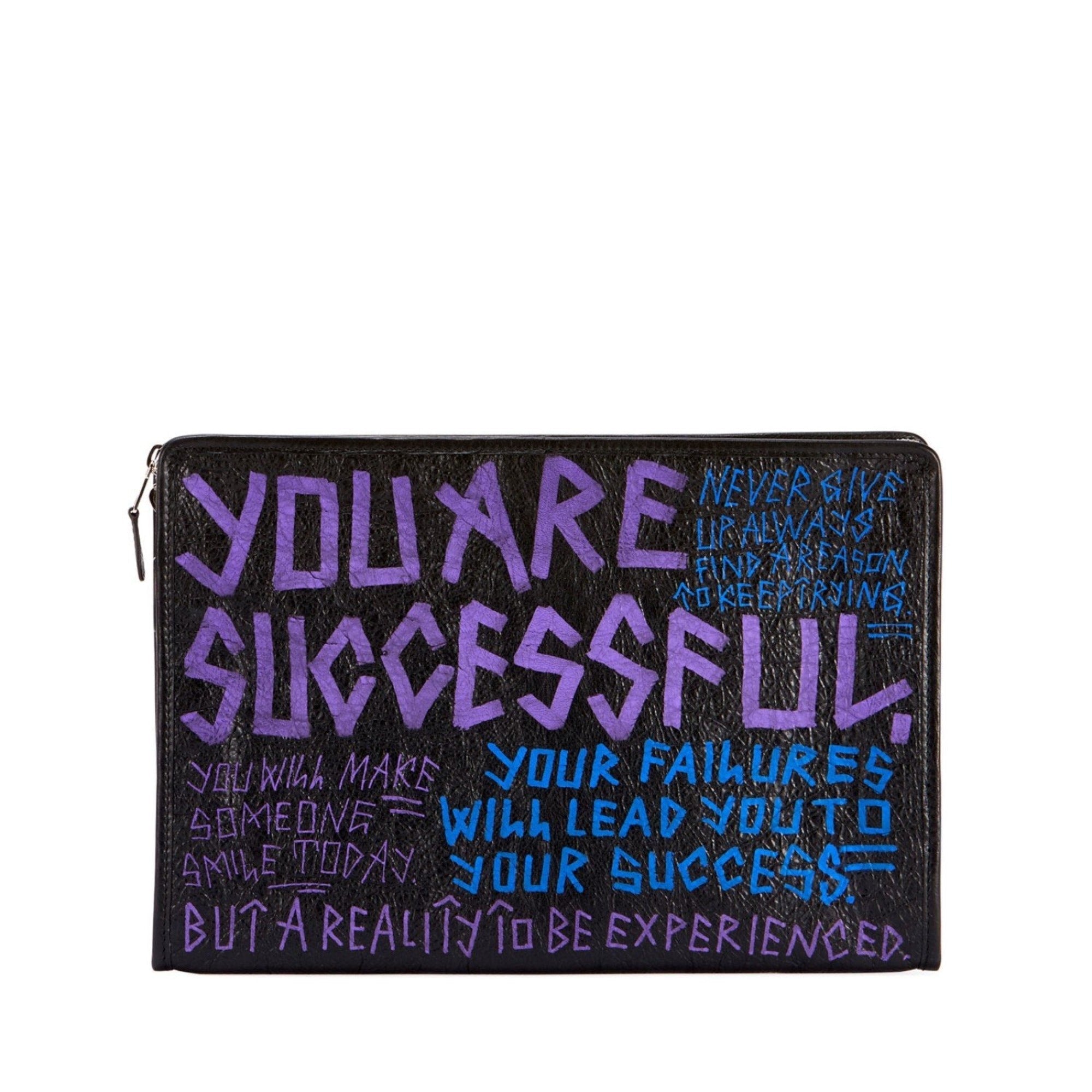 Balenciaga Bazar Graffiti Purple Blue Black Arena Leather Pouch available at Queen Bee of Beverly Hills