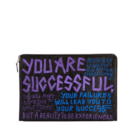 Balenciaga Bazar Graffiti Purple Blue Black Arena Leather Pouch available at Queen Bee of Beverly Hills