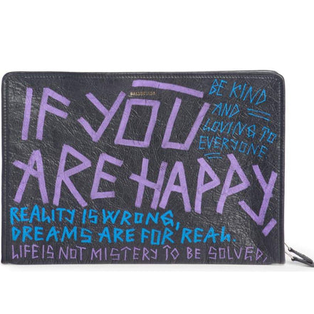 Balenciaga Bazar Graffiti Purple Blue Black Arena Leather Pouch available at Queen Bee of Beverly Hills