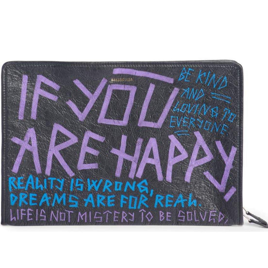 Balenciaga Bazar Graffiti Purple Blue Black Arena Leather Pouch available at Queen Bee of Beverly Hills