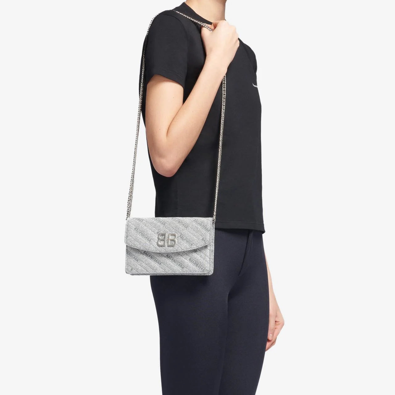 Balenciaga BB Silver Glittered Leather Wallet on Chain Bag available at Queen Bee of Beverly Hills
