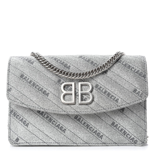 Balenciaga BB Silver Glittered Leather Wallet on Chain Bag available at Queen Bee of Beverly Hills