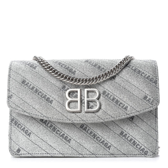 Balenciaga BB Silver Glittered Leather Wallet on Chain Bag available at Queen Bee of Beverly Hills