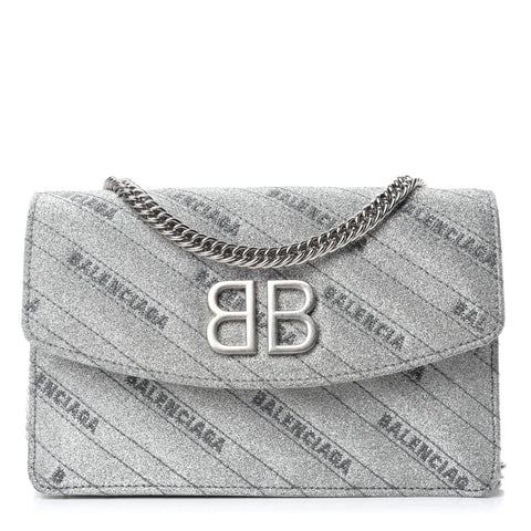 Balenciaga BB Silver Glittered Leather Wallet on Chain Bag available at Queen Bee of Beverly Hills
